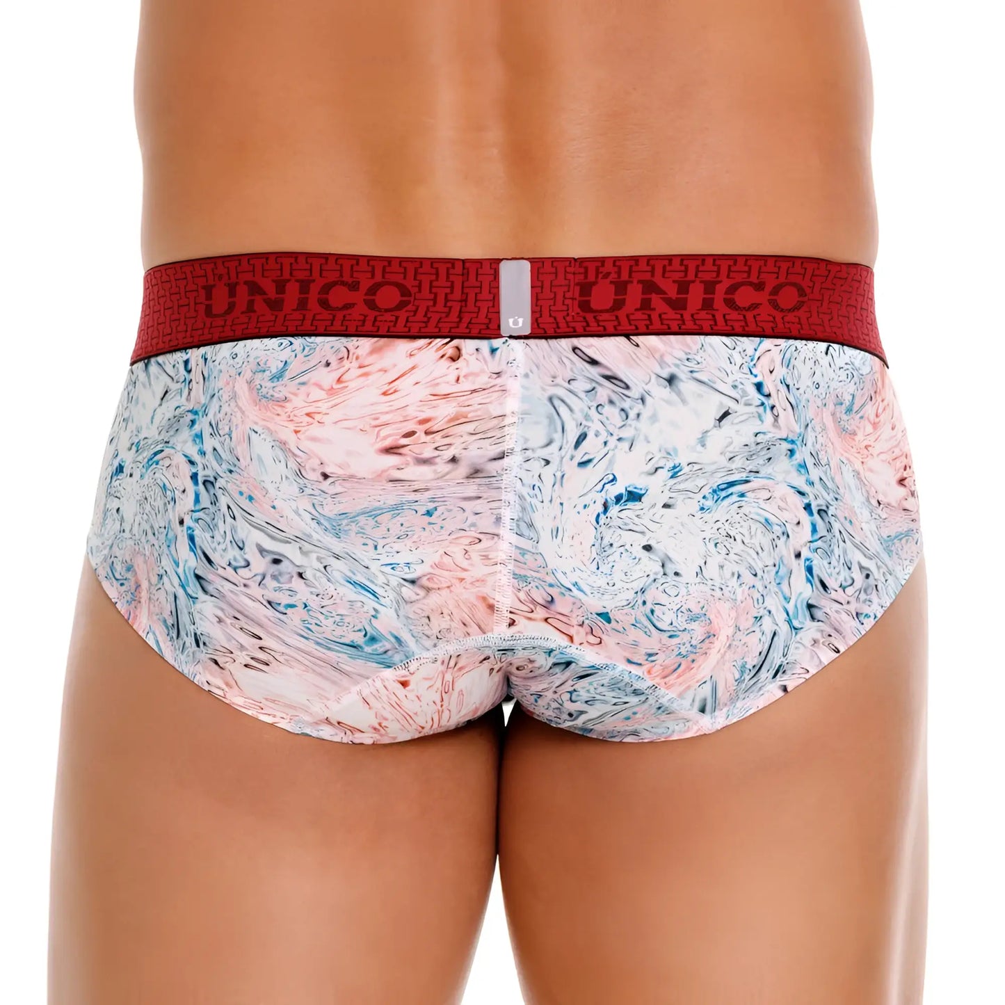 Unico 25020101103 Rizo briefs in red and white with marbled pink blue and gray pattern for men