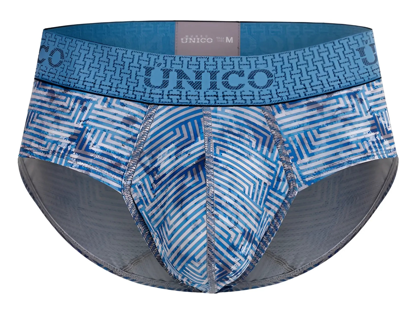 Blue patterned unico 25020101111 ostion briefs with geometric designs and gray inner lining for men