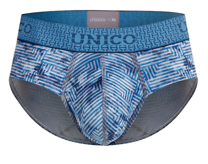 Blue patterned unico 25020101111 ostion briefs with geometric designs and gray inner lining for men
