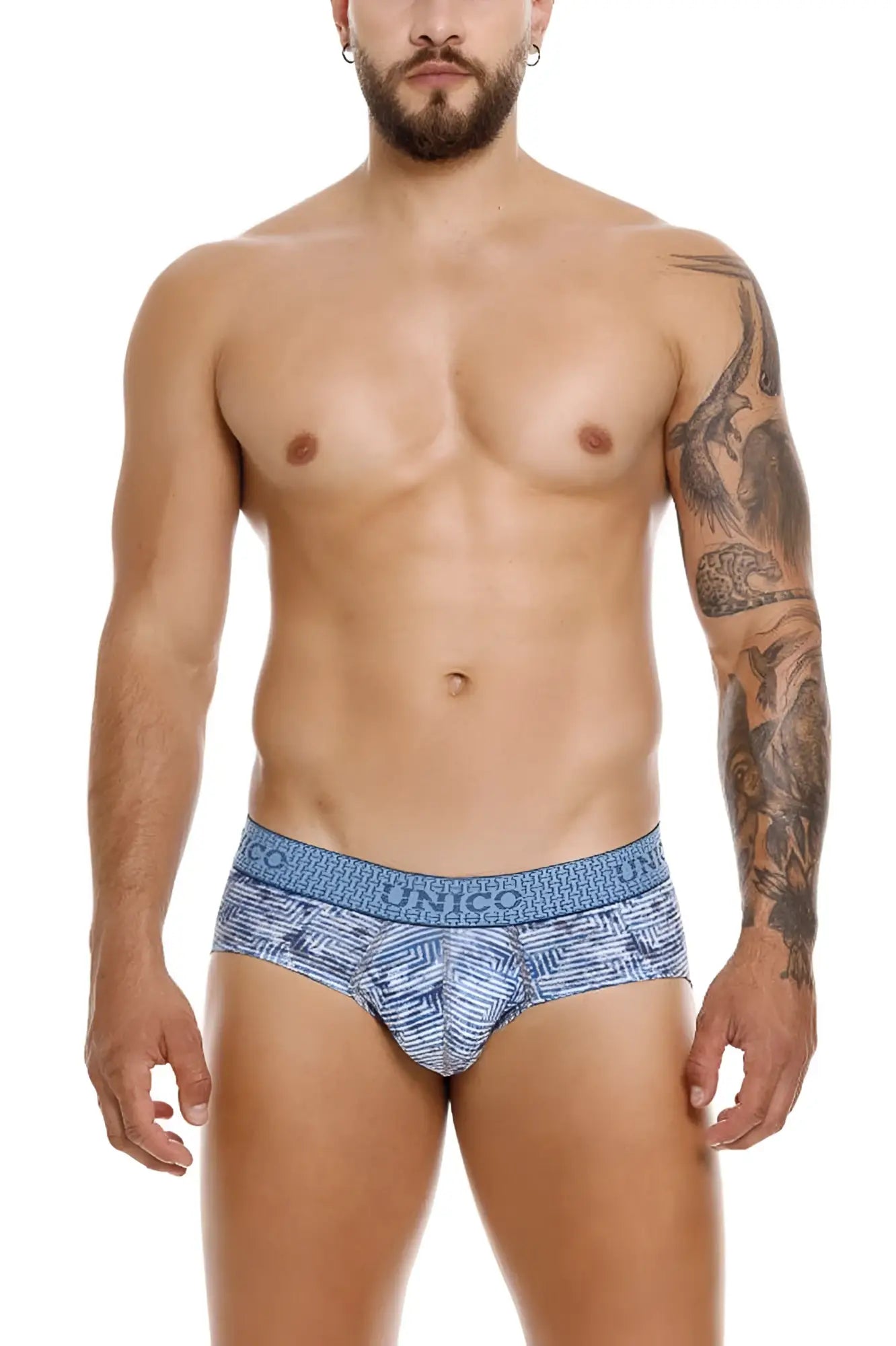 Blue patterned men’s briefs with geometric design and conic waistband from unico 25020101111 ostion briefs color 46-blue