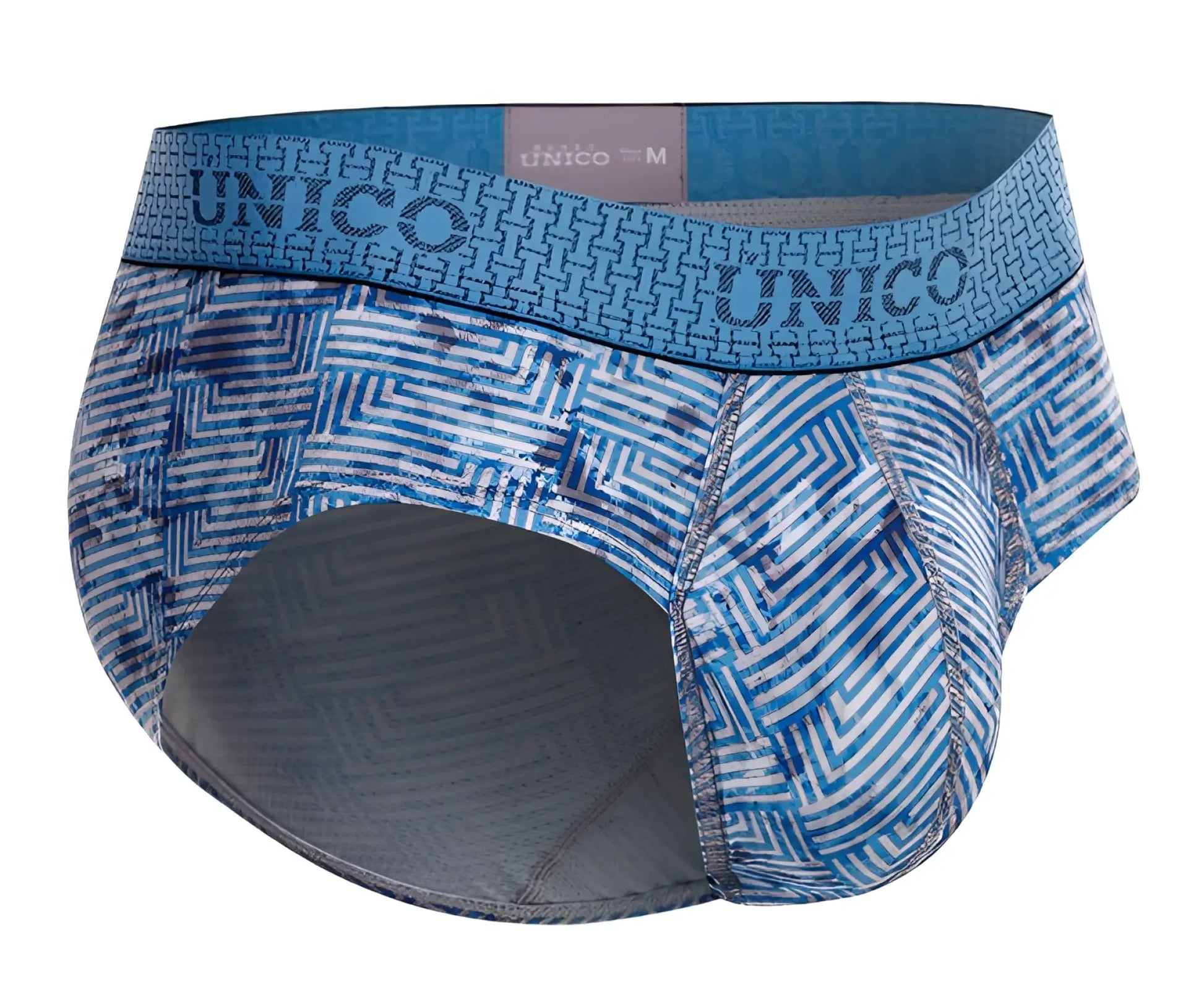 Unico 25020101111 ostion briefs in blue feature a blue and white geometric pattern with a matching elastic waistband