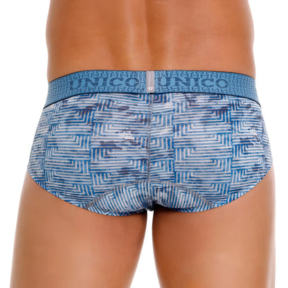 Blue and white geometric patterned unico 25020101111 ostion men’s briefs with branded waistband in blue