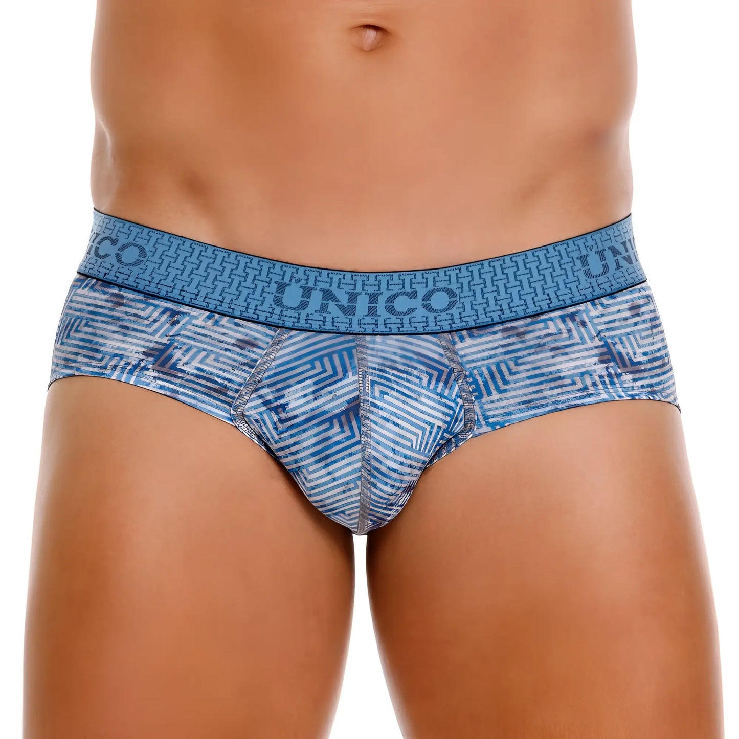 Blue and white geometric-patterned unico 25020101111 ostion men’s briefs with textured waistband in blue color