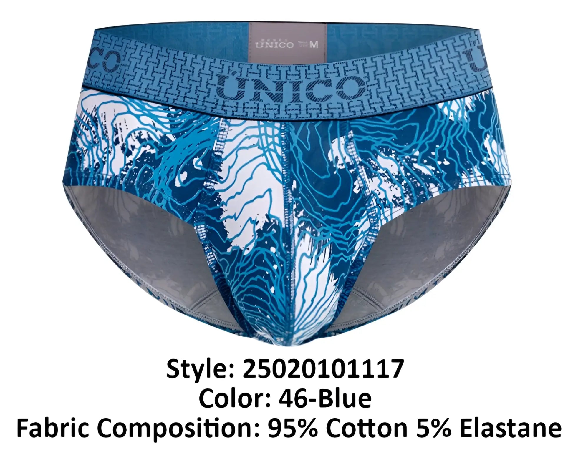 Unico barniz briefs in blue with a topographic map pattern and elastic waistband for comfortable fit