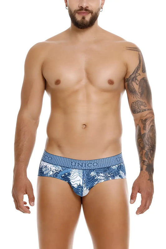 Blue and white patterned men’s briefs with repeating unico logo on waistband unico 25020101117 barniz briefs color 46-blue