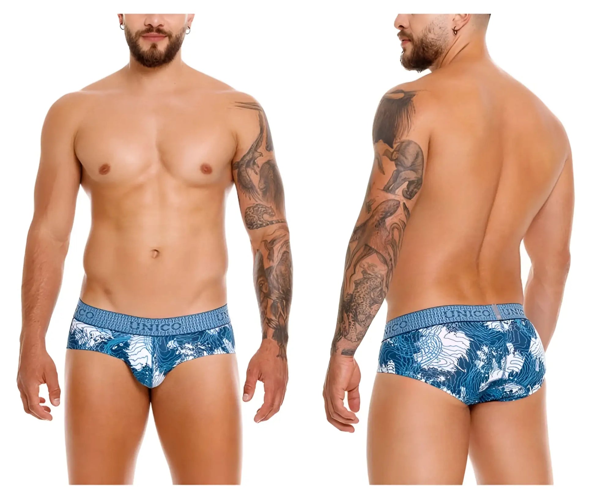 Blue and white patterned unico barniz briefs with textured waistband in color 46-blue men’s underwear