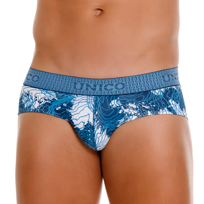 Blue and white patterned unico 25020101117 barniz briefs for men with geometric waistband design in blue color