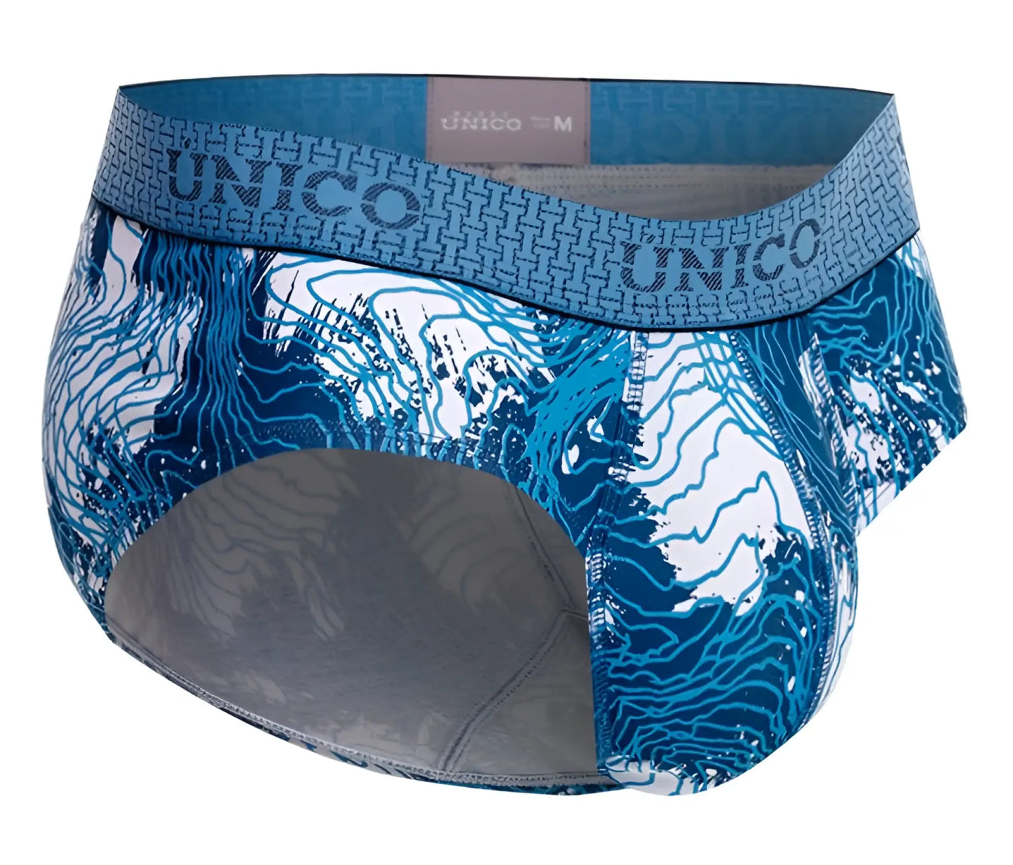 Unico 25020101117 Barniz briefs in blue with white geometric pattern and waistband detail for men