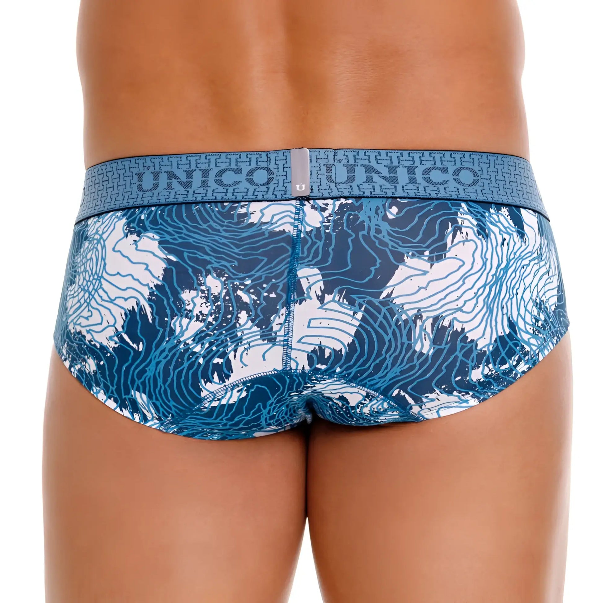 Unico 25020101117 barniz briefs in blue with white topographic map pattern and branded elastic waistband for men