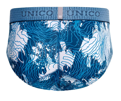 Unico barniz briefs in blue with white topographic map pattern designed for men in comfortable fabric