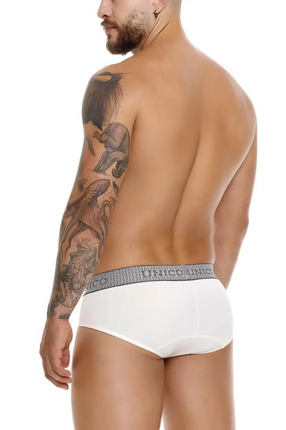 White unico 25020101120 marfil briefs with gray elastic waistband featuring unico branding in white fabric