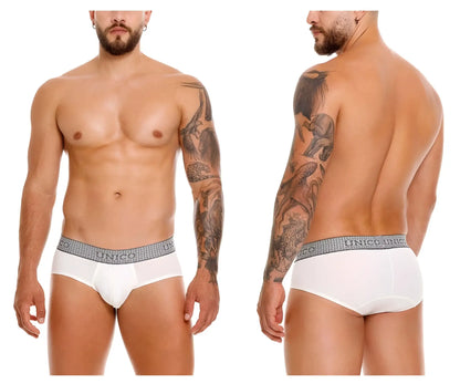 White briefs with a gray patterned waistband featuring the unico brand name in color 02-white marfil design
