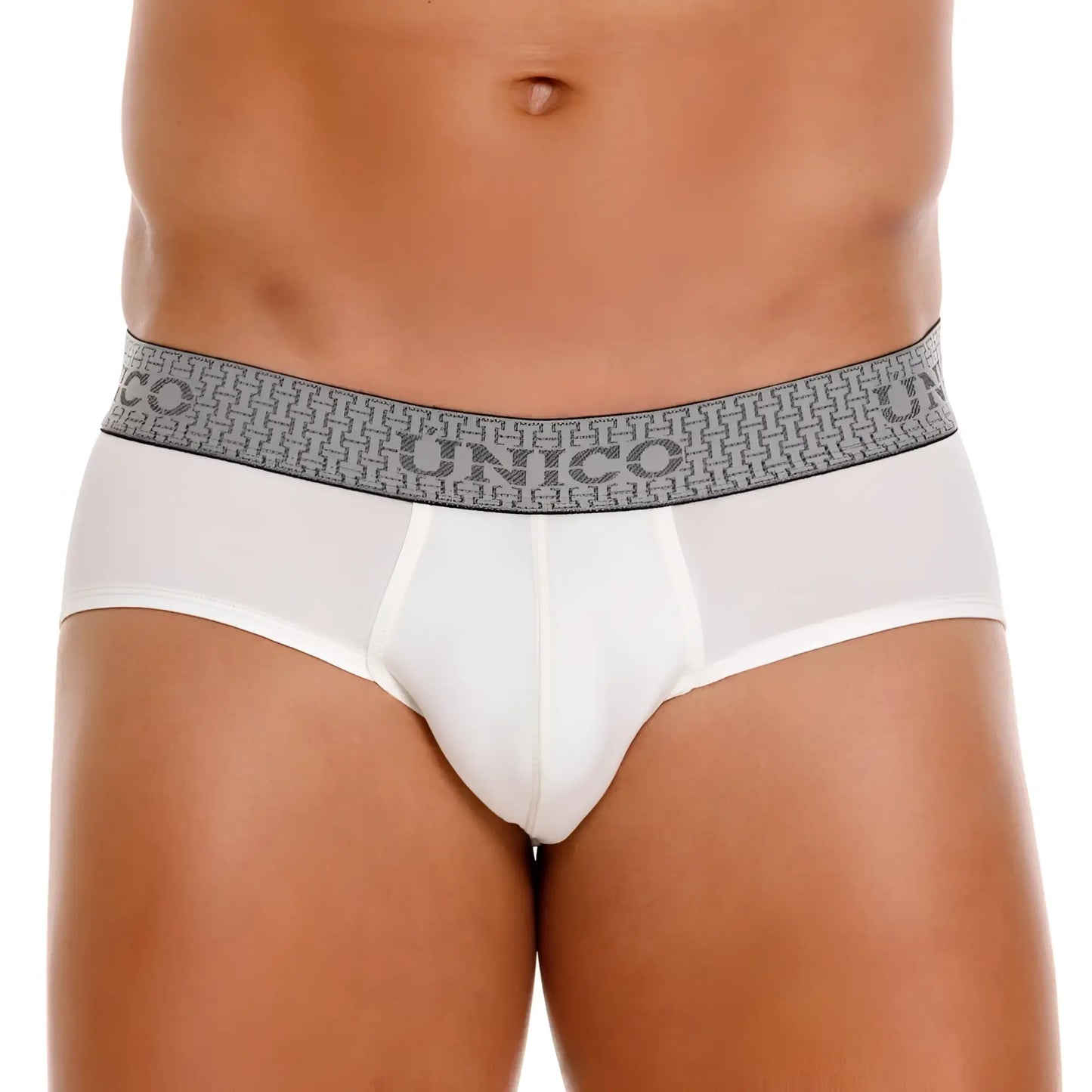 White unico 25020101120 marfil briefs with gray patterned waistband featuring the unico brand name color 02-white