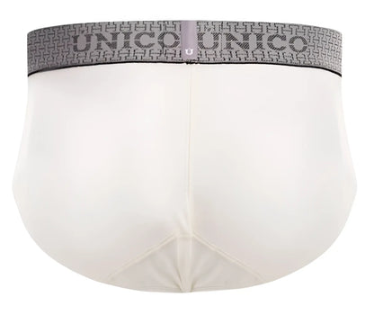 White unico 25020101120 marfil briefs with gray patterned waistband featuring the brand name for men
