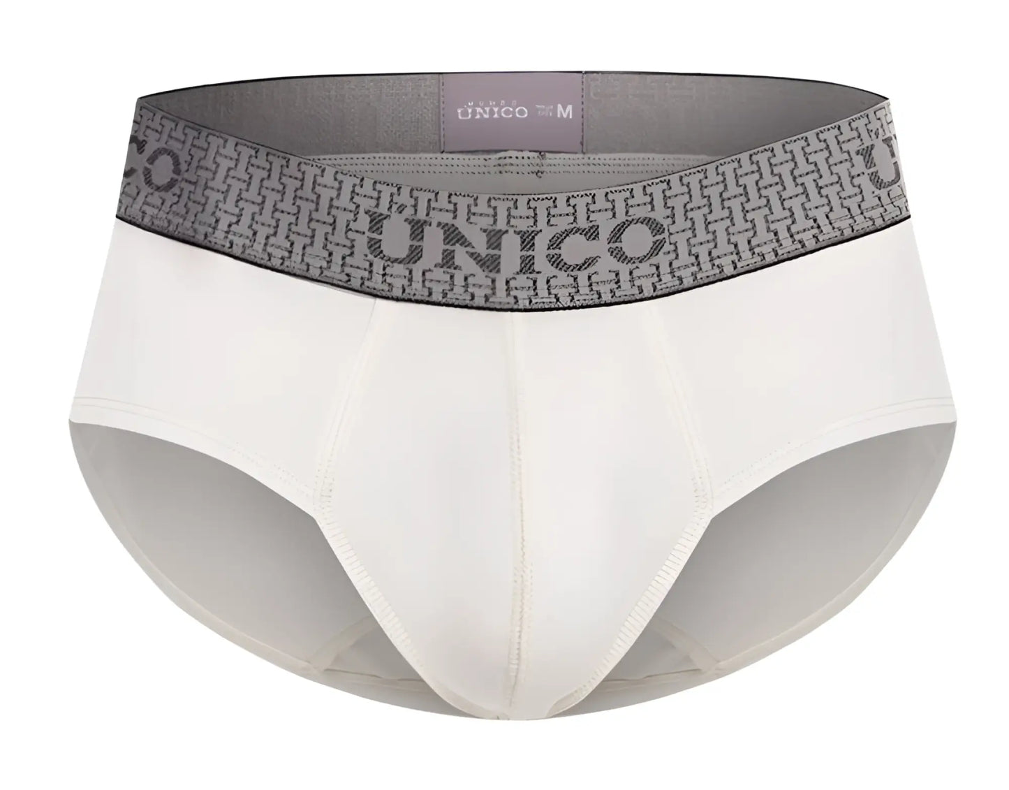 White unico 25020101120 marfil men’s briefs with gray patterned waistband featuring bold unico branding