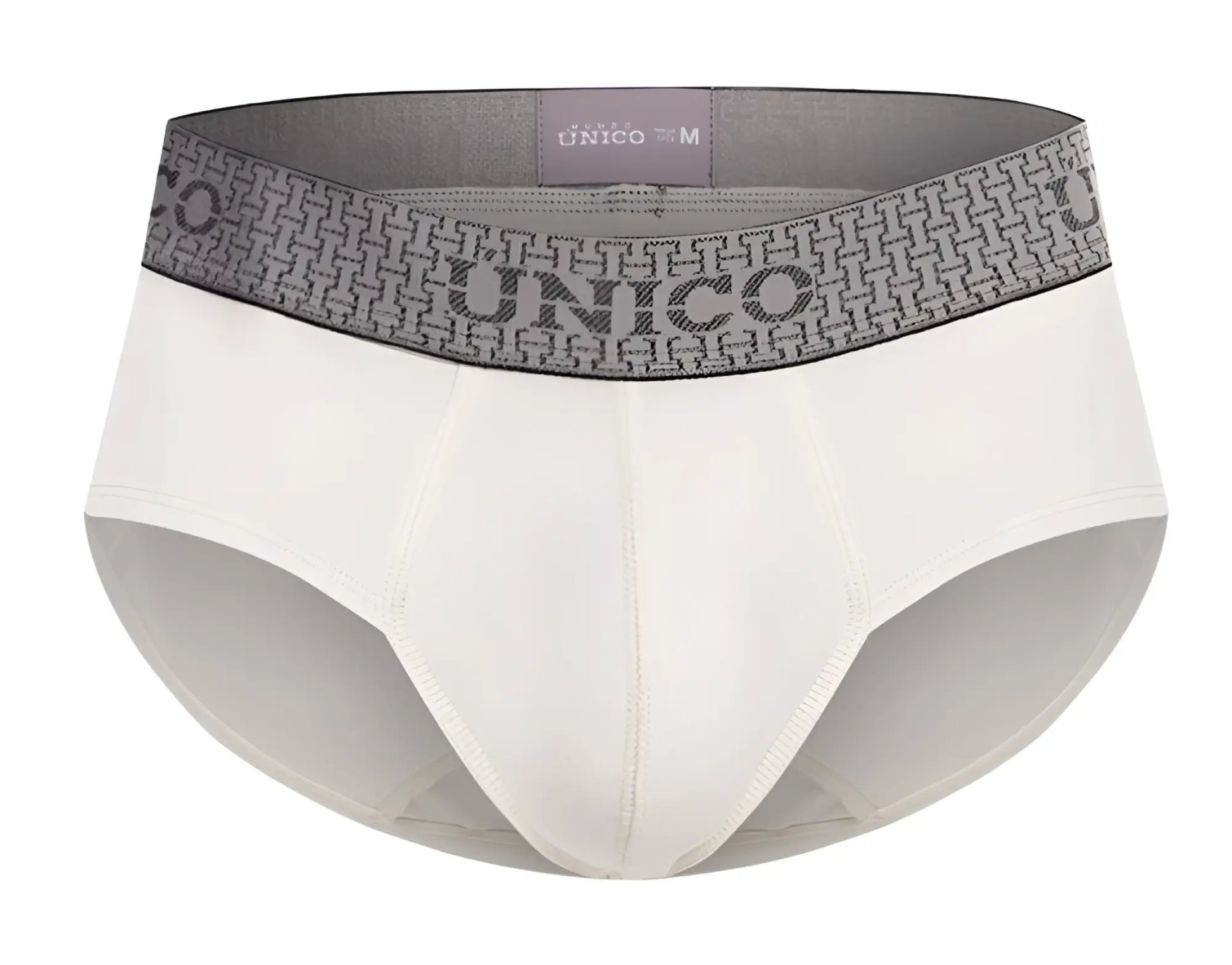 White unico 25020101120 marfil men’s briefs with gray patterned waistband featuring bold unico branding