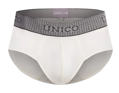 White unico 25020101120 marfil men’s briefs with gray patterned waistband featuring bold unico branding