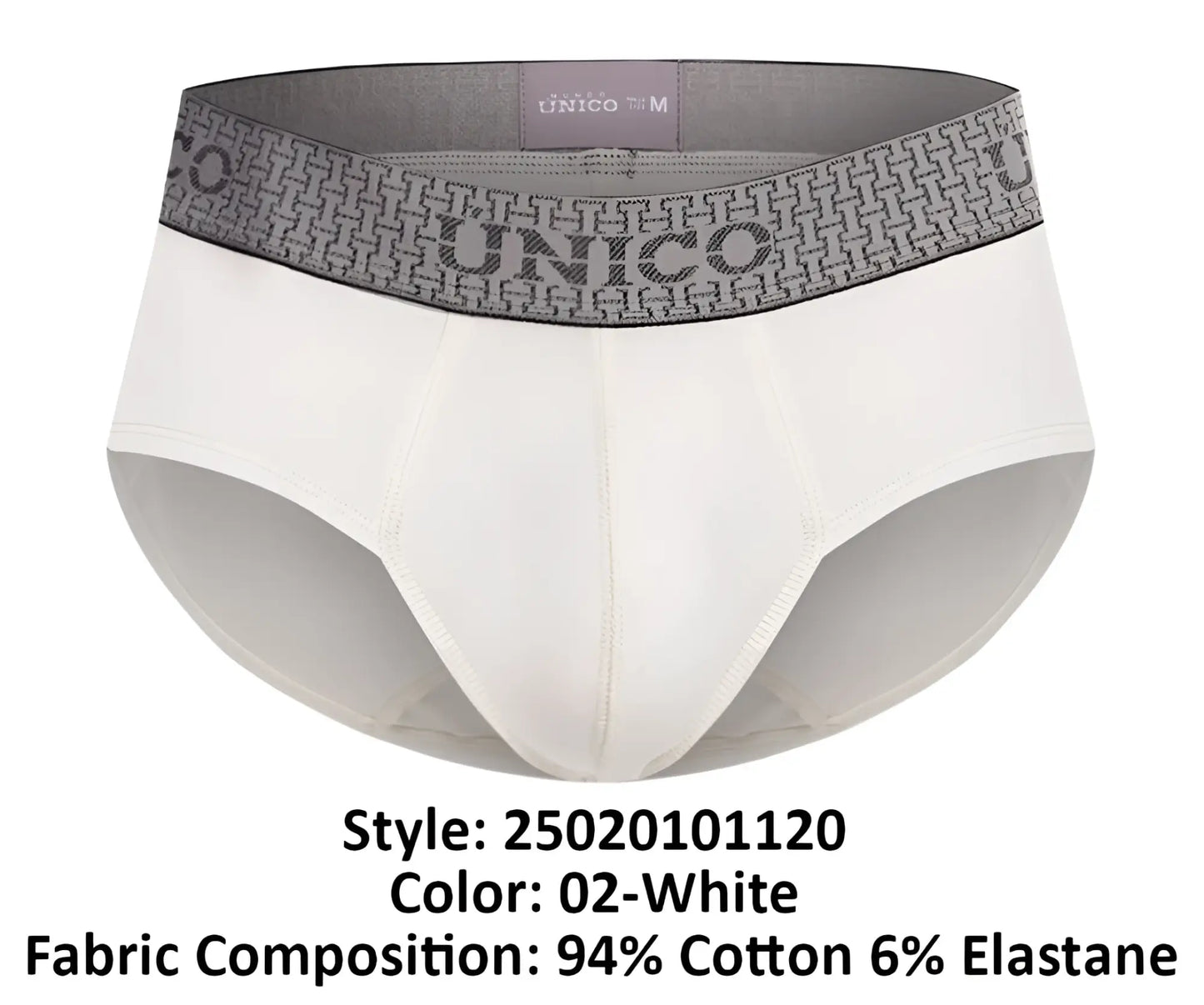 White unico men’s briefs with a gray patterned waistband featuring the brand name marfil briefs color 02-white
