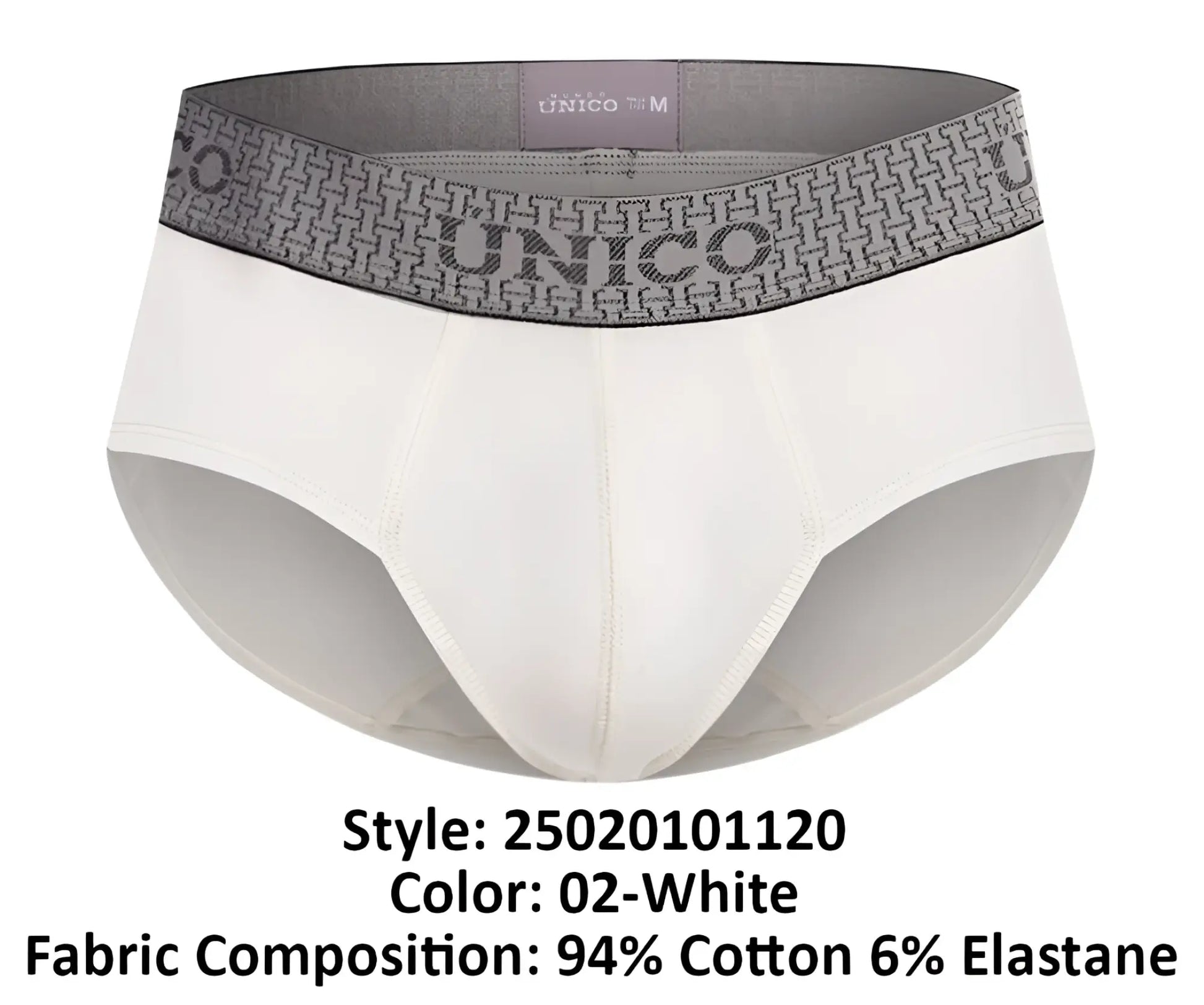 White unico men’s briefs with a gray patterned waistband featuring the brand name marfil briefs color 02-white