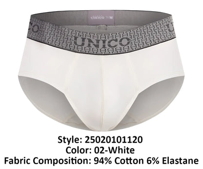 White unico men’s briefs with a gray patterned waistband featuring the brand name marfil briefs color 02-white