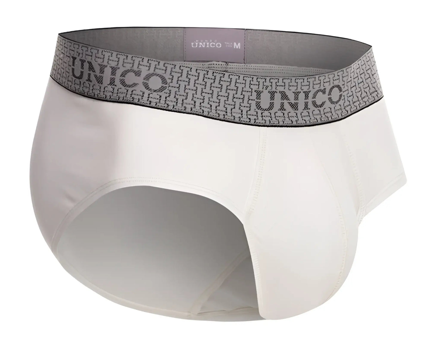 White unico mens briefs with gray patterned waistband featuring the brand name marfil briefs color 02-white