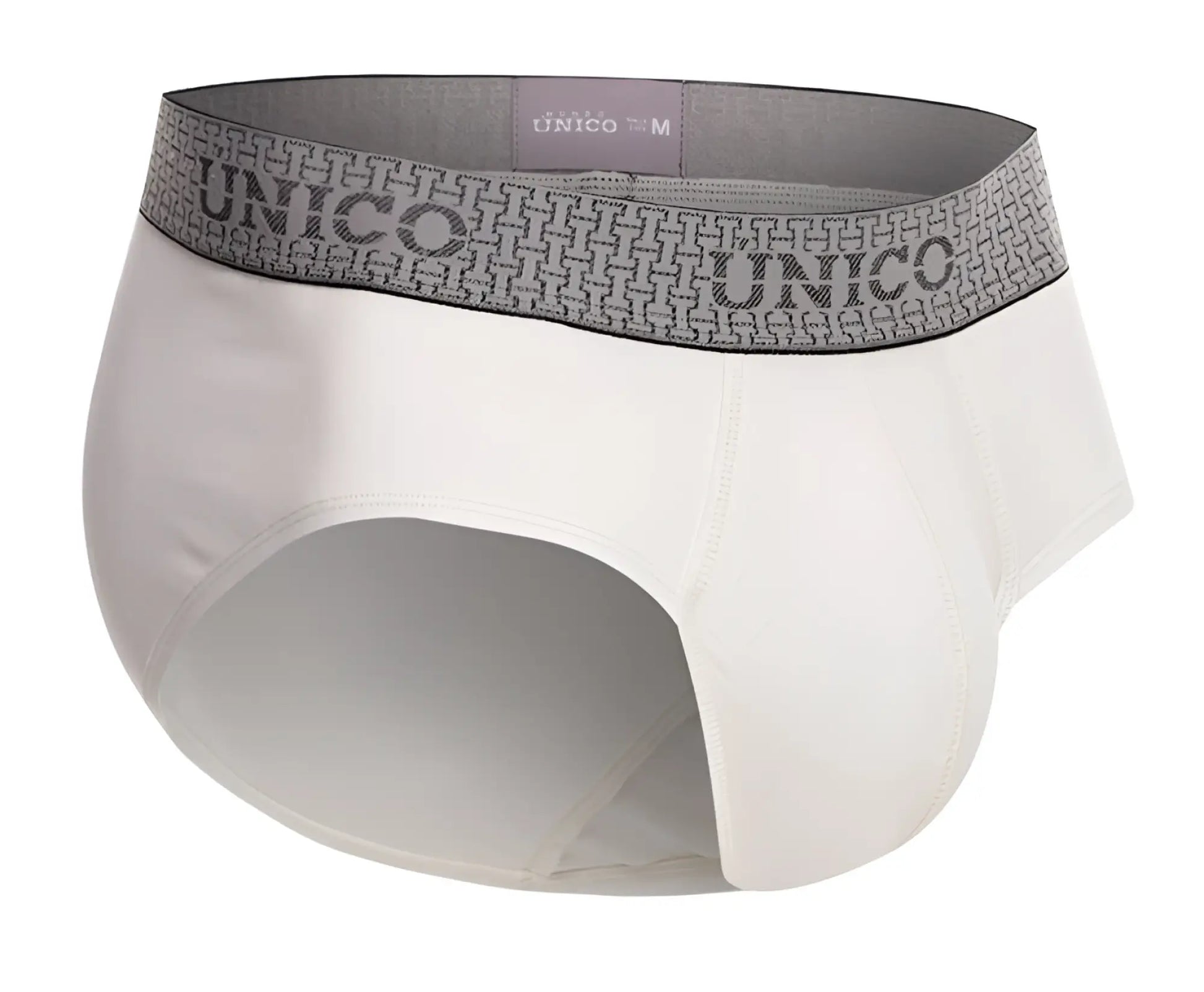 White unico mens briefs with gray patterned waistband featuring the brand name marfil briefs color 02-white