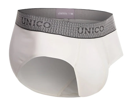 White unico mens briefs with gray patterned waistband featuring the brand name marfil briefs color 02-white