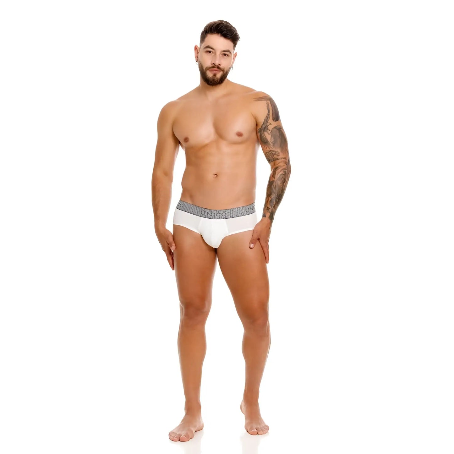 White men’s briefs unico 25020101120 marfil with gray patterned waistband and mineco brand name in black lettering
