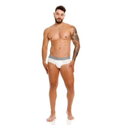 White men’s briefs unico 25020101120 marfil with gray patterned waistband and mineco brand name in black lettering