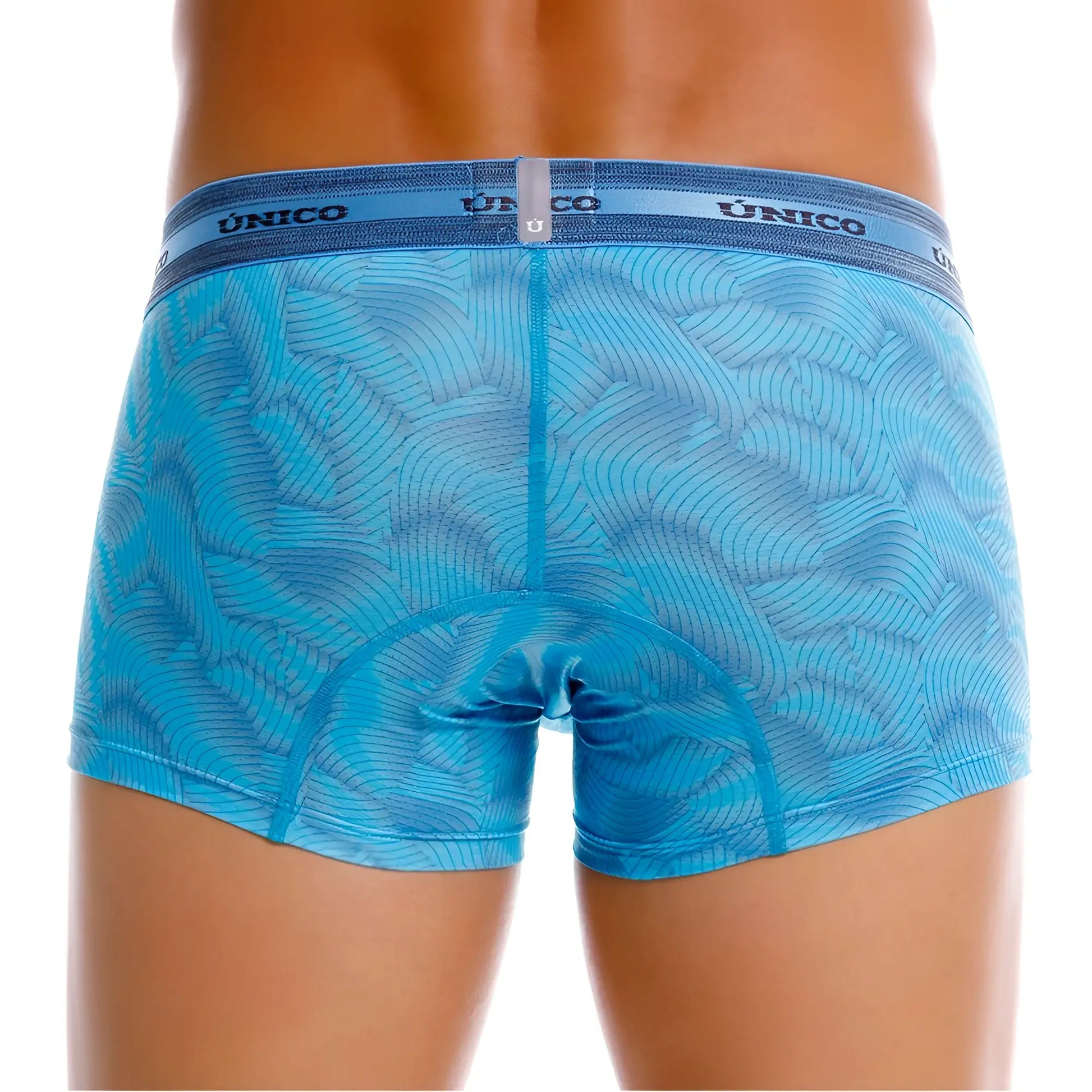 Blue unico boxer briefs in color 46-blue with subtle wave-patterned fabric and branded waistband front view