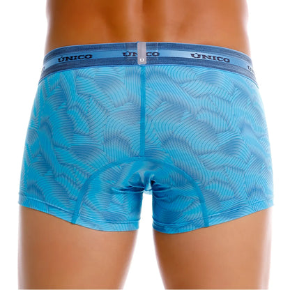 Blue unico boxer briefs in color 46-blue with subtle wave-patterned fabric and branded waistband front view