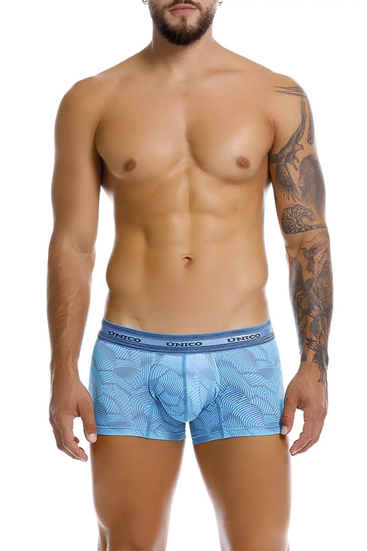 Light blue unico 25040100101 estraiza trunks with subtle leaf pattern and branded waistband in color 46-blue