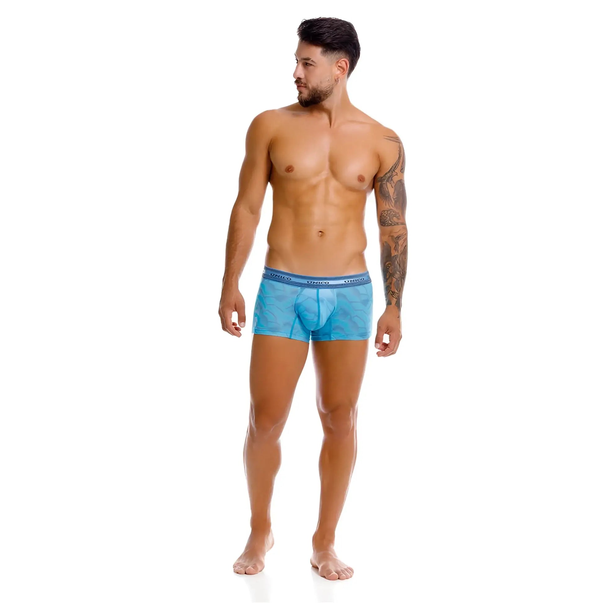 Blue patterned men’s boxer briefs with matching elastic waistband unico 25040100101 estraza trunks color 46-blue