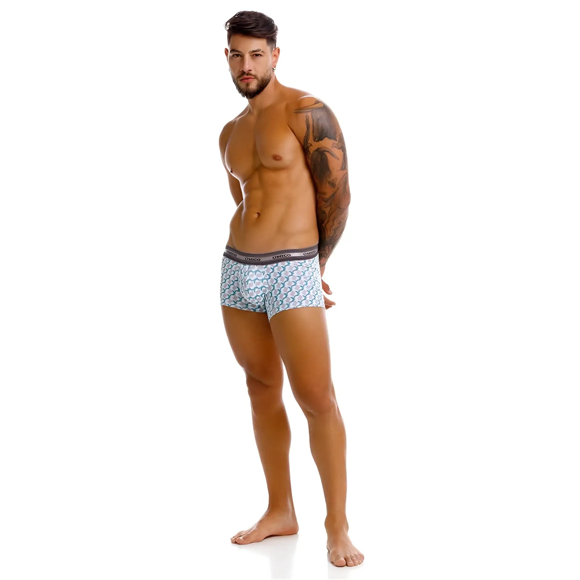 Light blue patterned Unico Caterva trunks with dark gray elastic waistband for comfortable daily wear