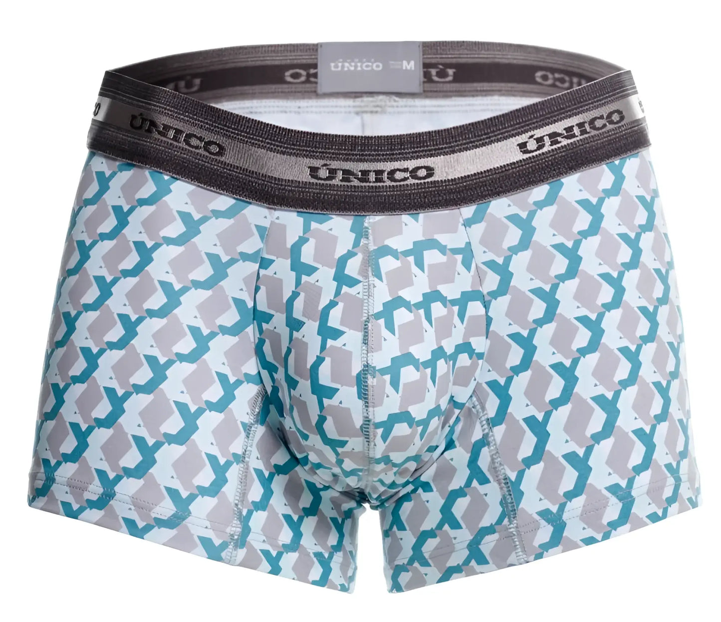 Unico 25040100115 Caterva trunks in teal and gray geometric print with elastic waistband on white base men’s boxer briefs