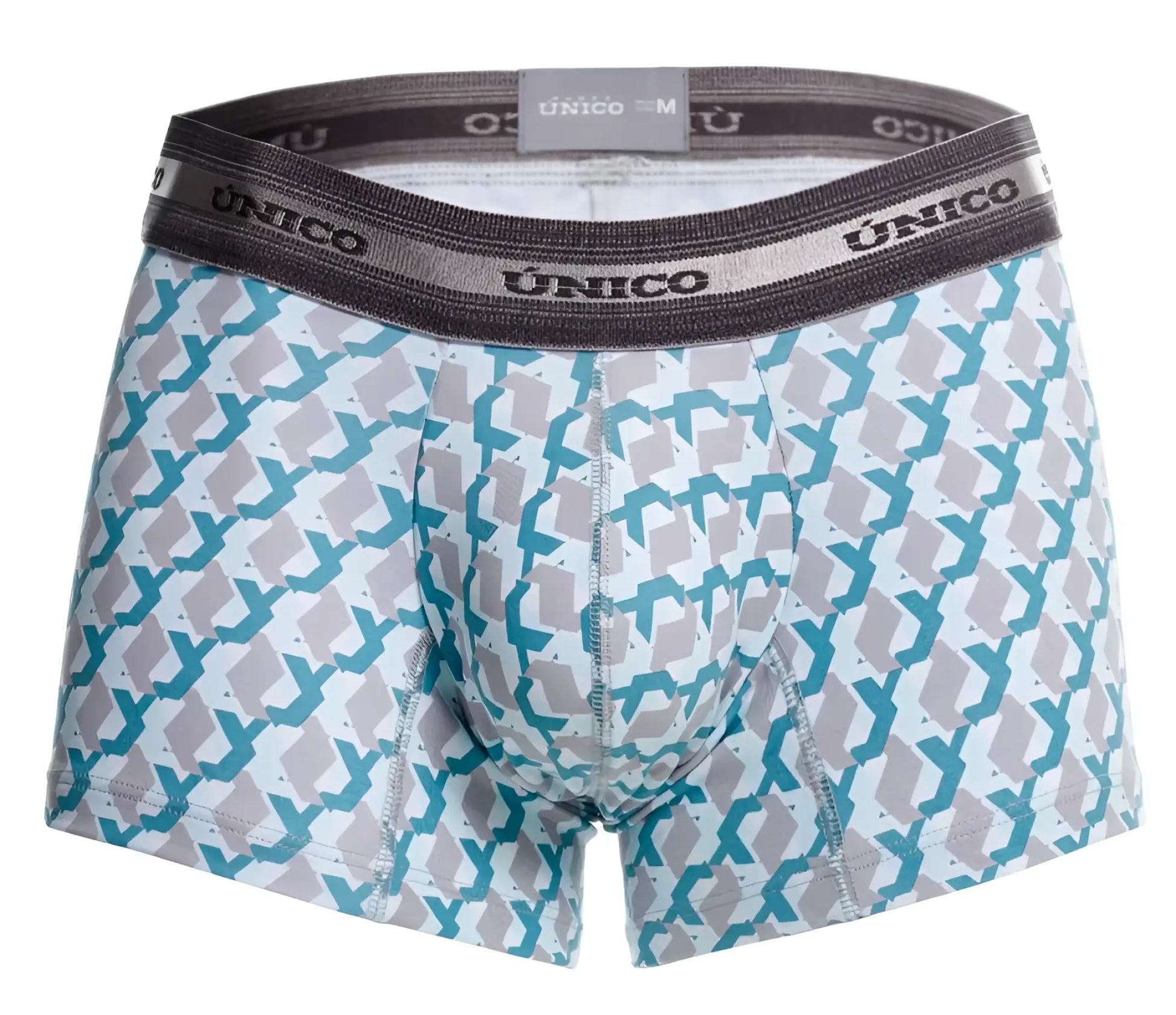 Unico 25040100115 Caterva trunks in teal and gray geometric print with elastic waistband on white base men’s boxer briefs