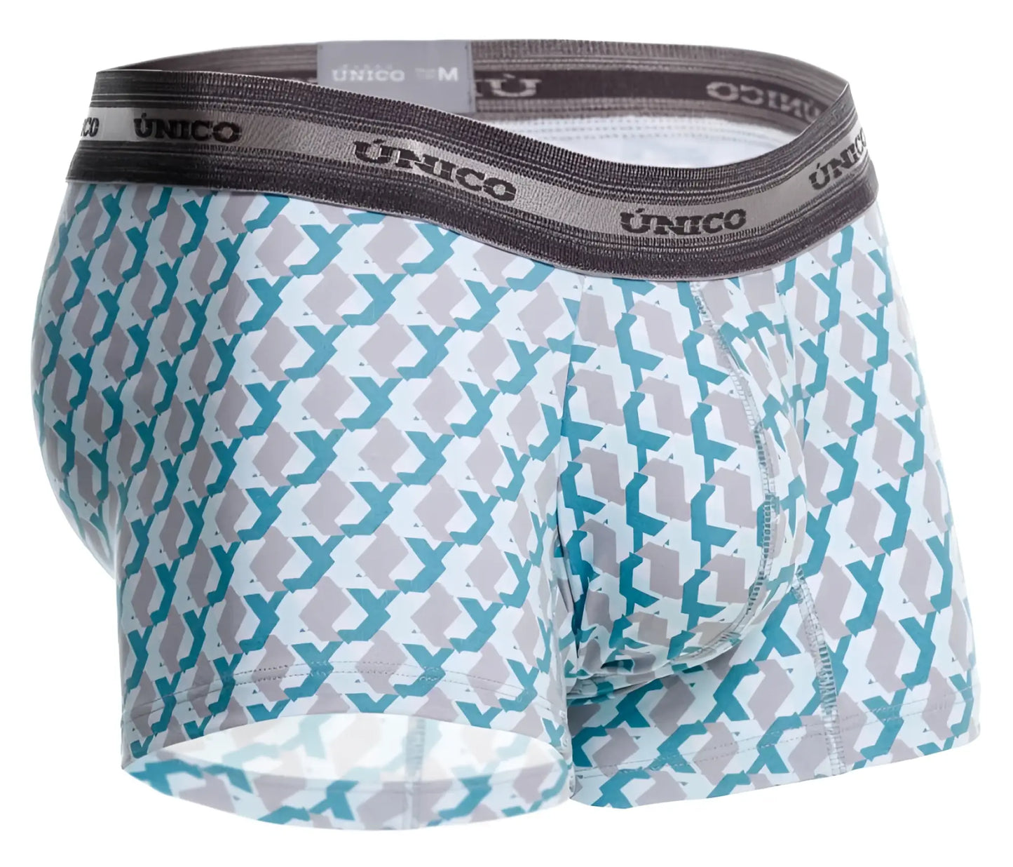 A pair of unico 25040100115 caterva trunks men’s boxer briefs with teal and gray geometric pattern and dark gray waistband