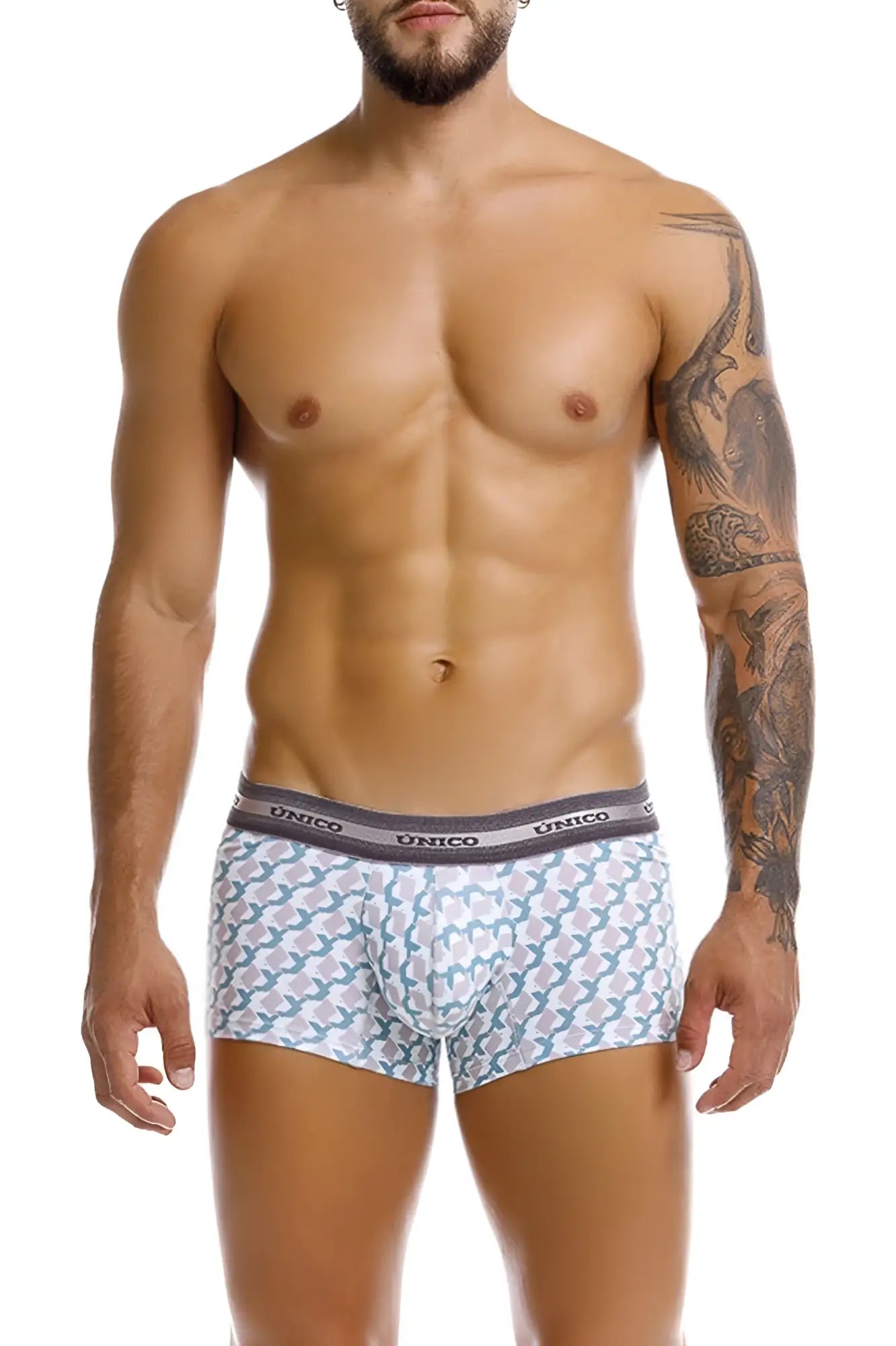 Unico 25040100115 Caterva trunks in white and light blue pattern with gray waistband boxer briefs front side view