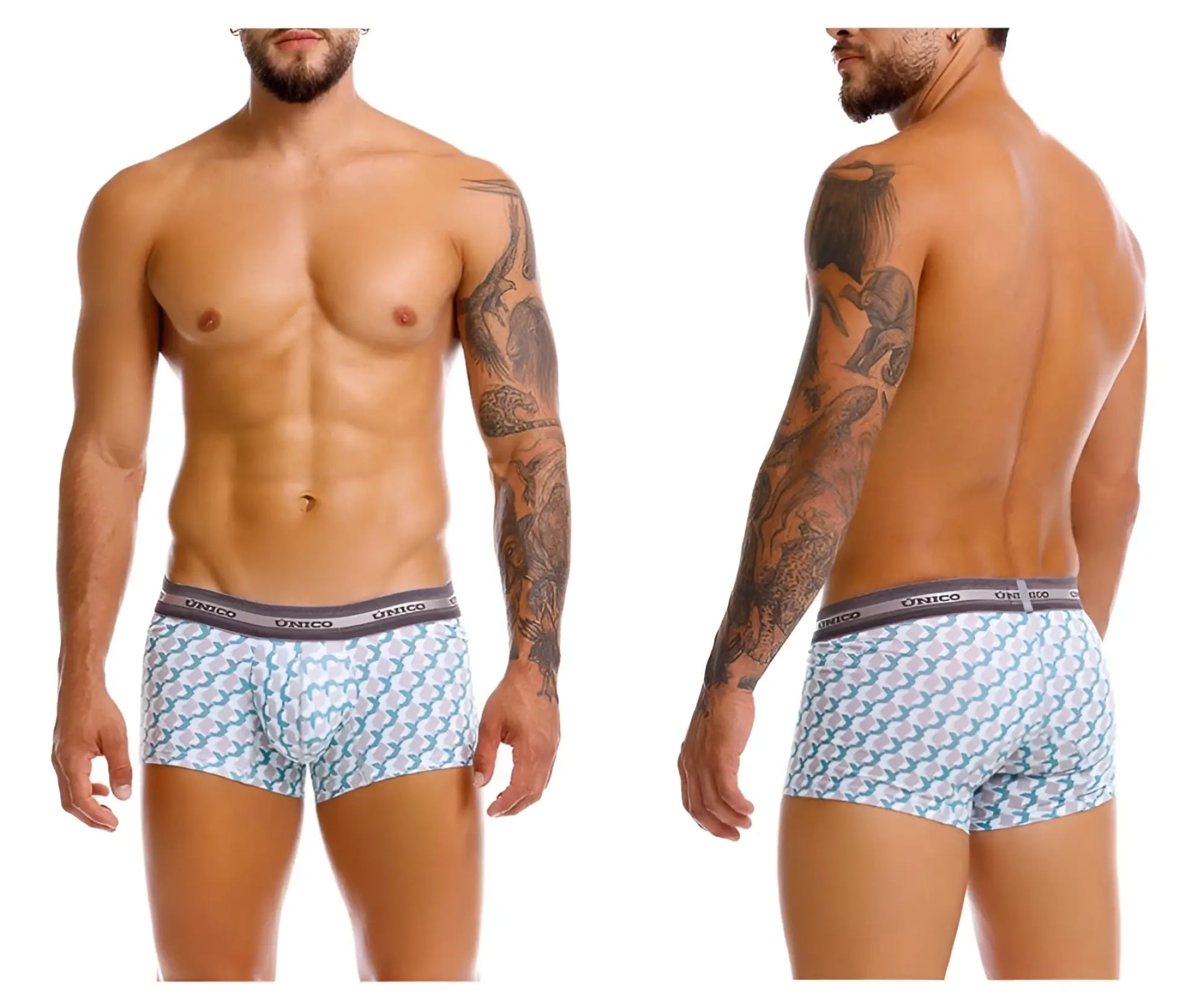 Unico 25040100115 caterva trunks in white and teal with a repeating geometric pattern for men
