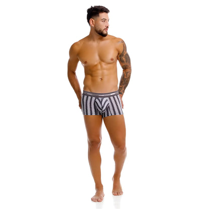 Black and white geometric patterned men’s tricotosa trunks with branded waistband color 59 stripes