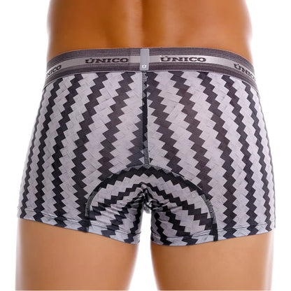 Unico 25040100118 tricotosa trunks are gray and black zigzag patterned men’s boxer briefs with a contoured design