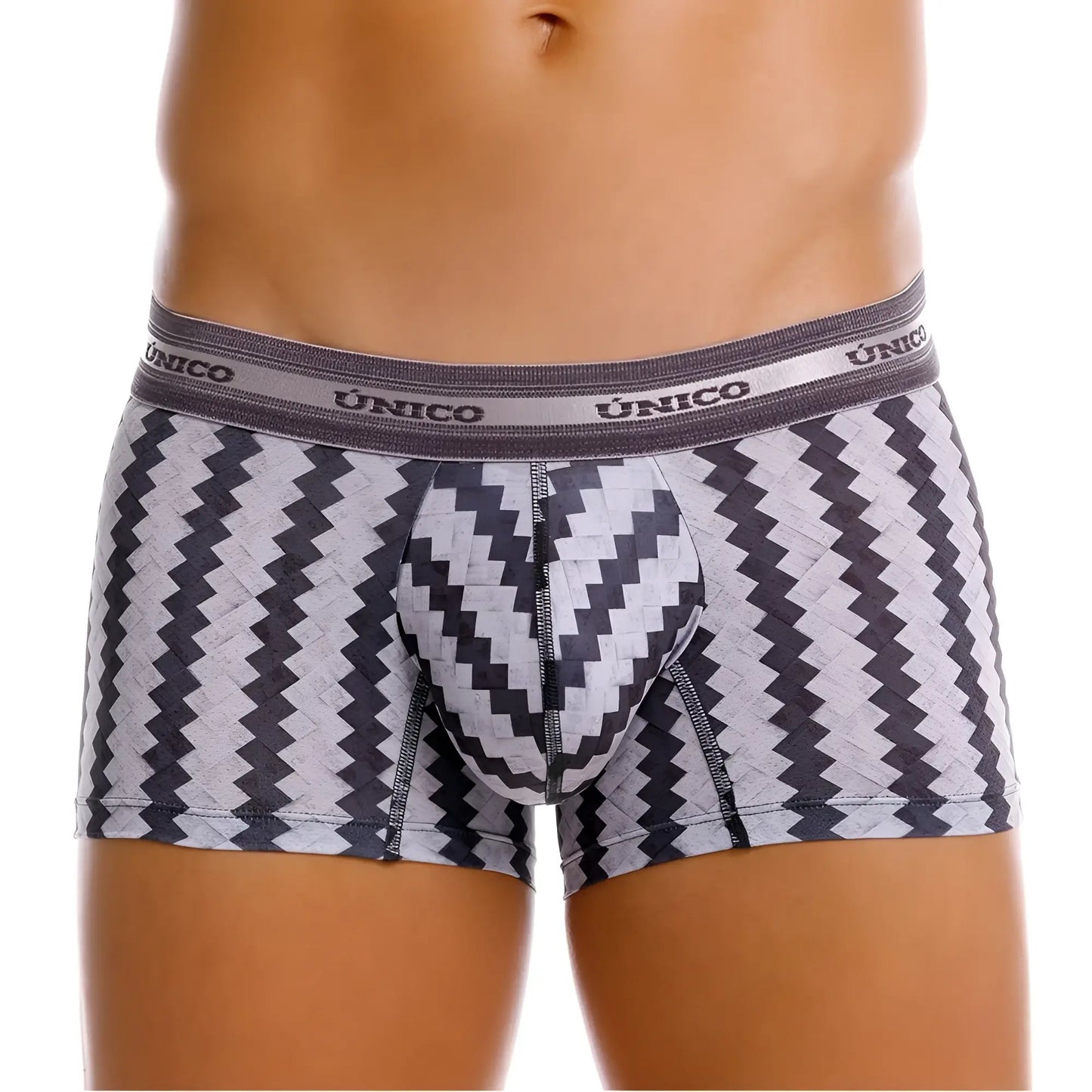 Unico men’s boxer briefs with gray and black zigzag pattern and textured fabric waistband in color 59 stripes