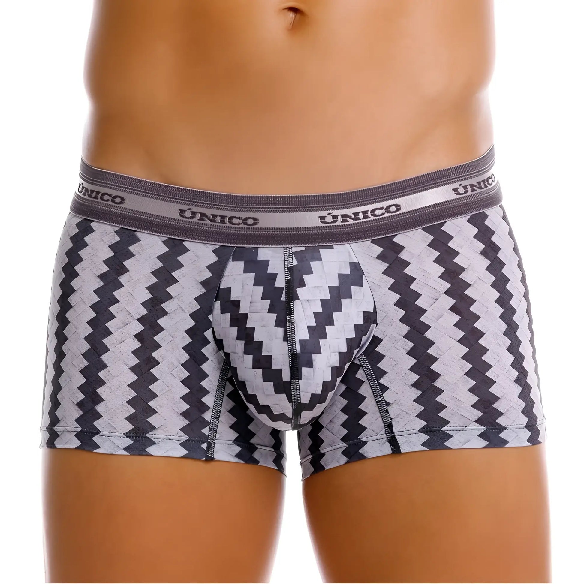 Unico men’s boxer briefs with gray and black zigzag pattern and textured fabric waistband in color 59 stripes