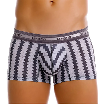 Unico men’s boxer briefs with gray and black zigzag pattern and textured fabric waistband in color 59 stripes