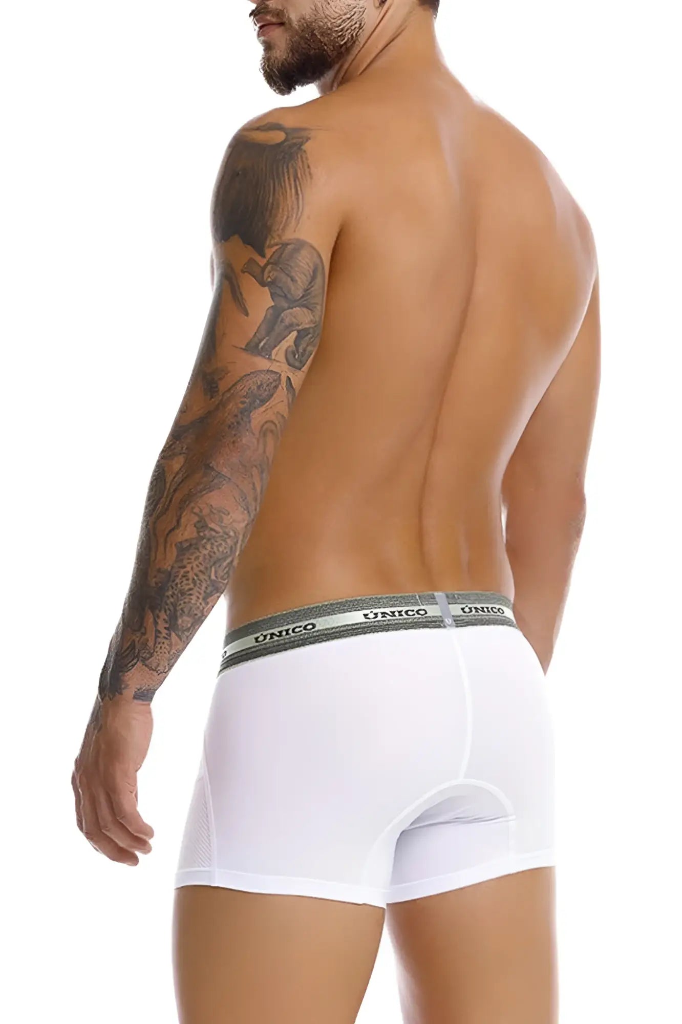 White Unico 25040100122 Sensacion trunks boxer briefs with gray elastic waistband featuring brand name