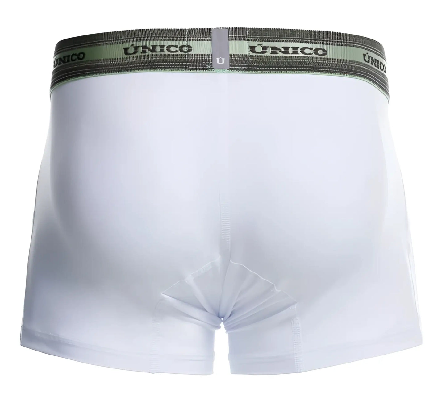 White unico boxer briefs with gray elastic waistband and black brand name lettering for comfortable daily wear