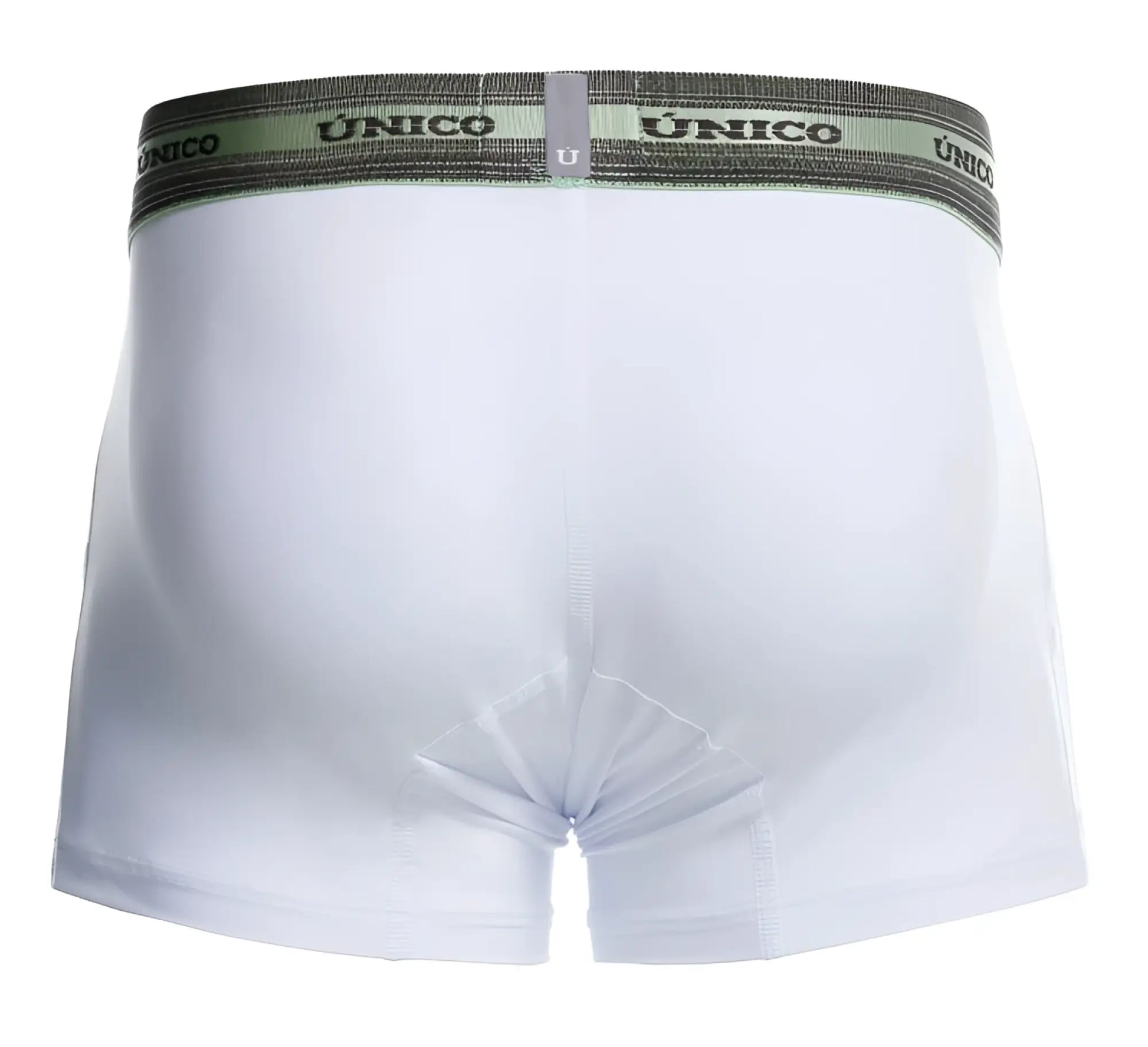 White unico boxer briefs with gray elastic waistband and black brand name lettering for comfortable daily wear