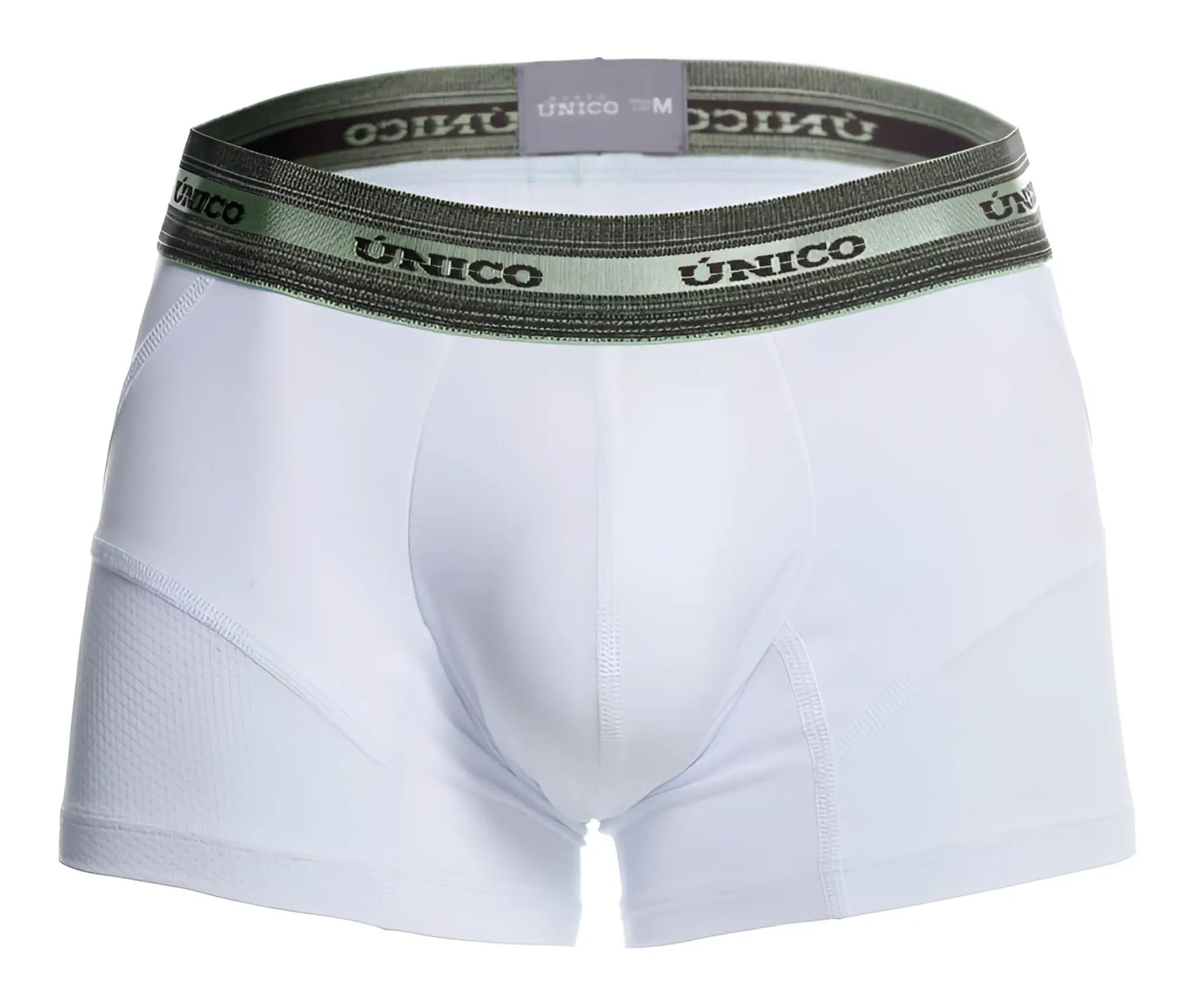 White unico men’s boxer briefs with dark green waistband featuring brand name in black lettering model 25040100122