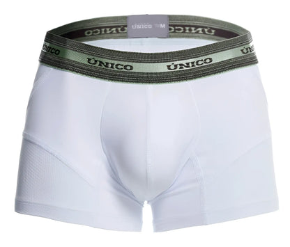 White unico men’s boxer briefs with dark green waistband featuring brand name in black lettering model 25040100122