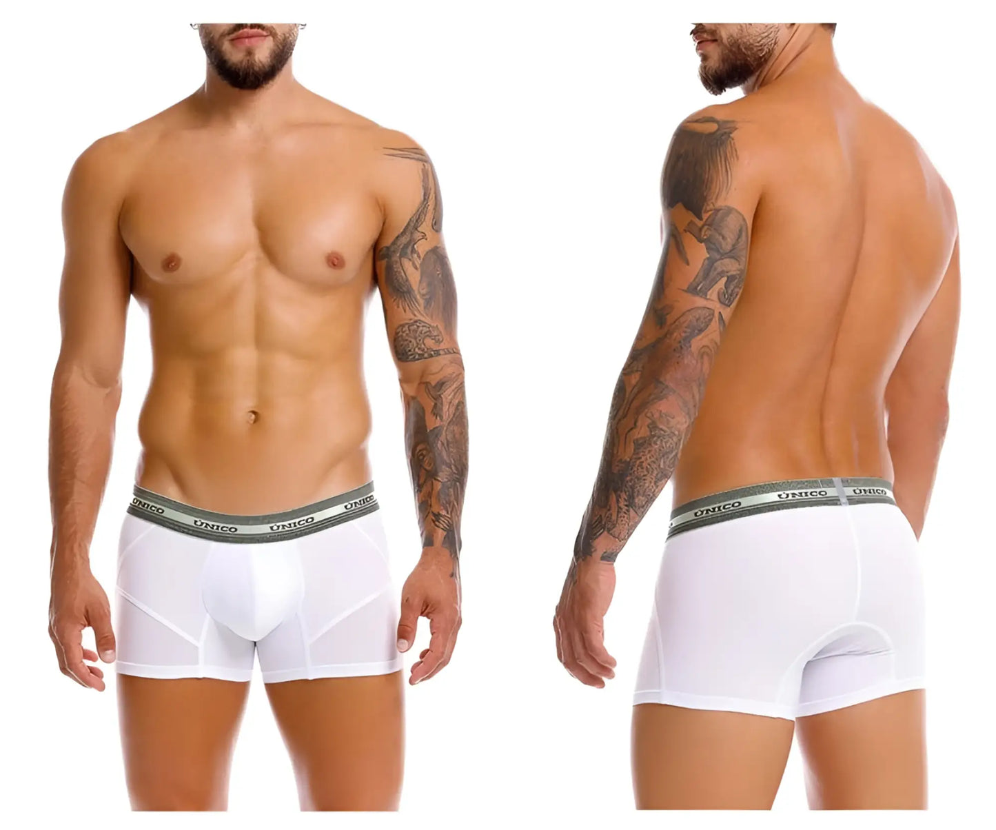 White unico men’s boxer briefs with gray branded elastic waistband in comfortable breathable fabric